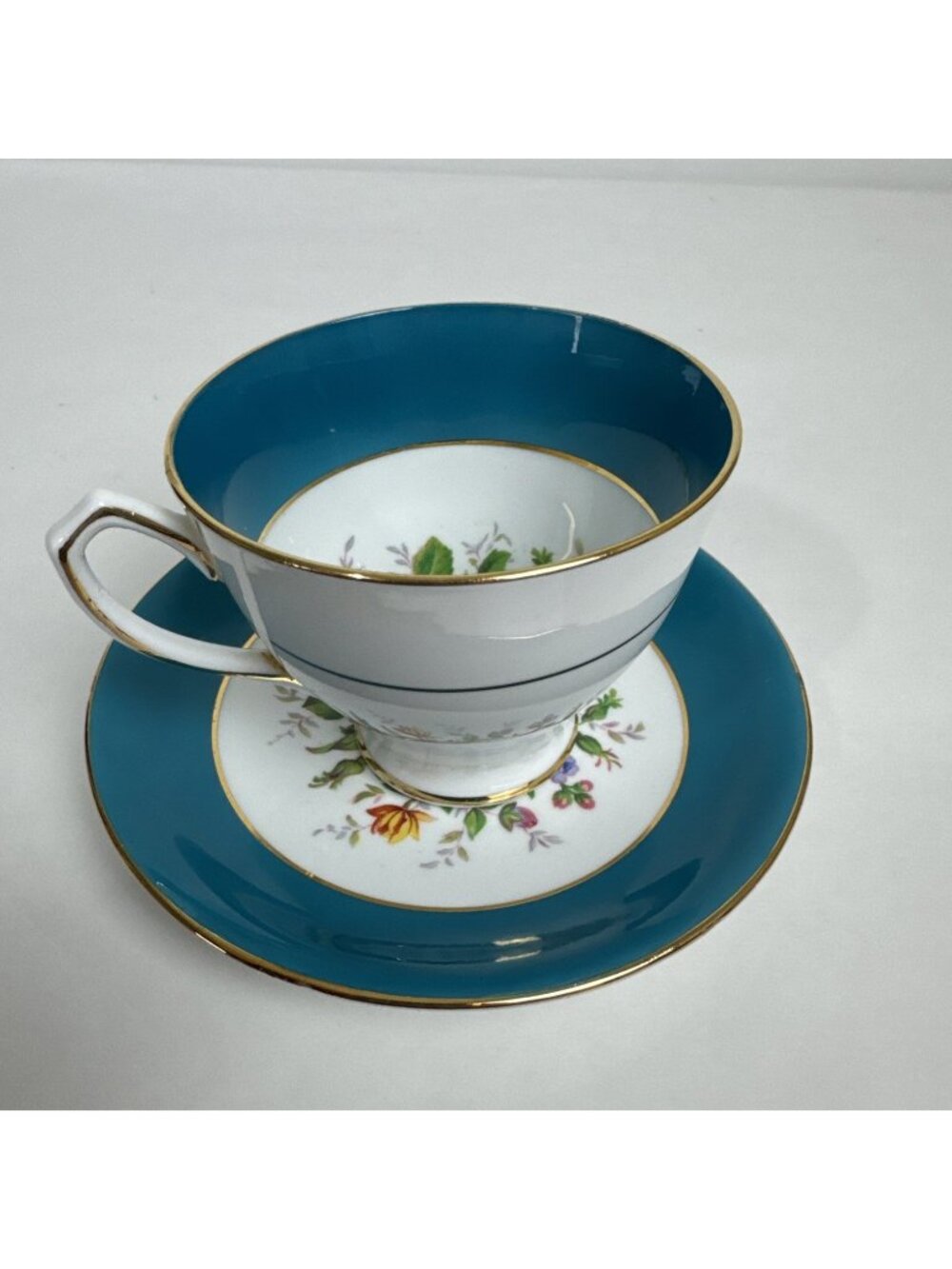 Clarence Bone China Cup & Saucer Teal Gold Floral England vtg